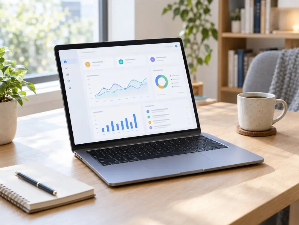 Ordinateur portable sur un bureau en bois
